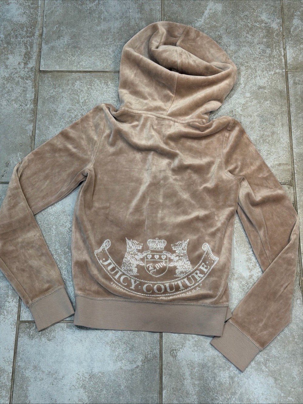 Vintage Y2K Juicy Couture Velour Zip Up Hoodie Dark Tan Large Tag Size Small
